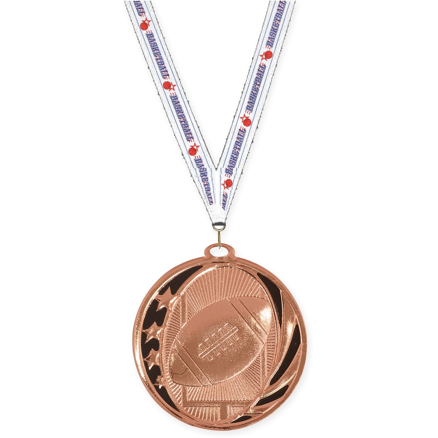 2 inch football MidNite Star medal in bright bronze with Basketball neck ribbon