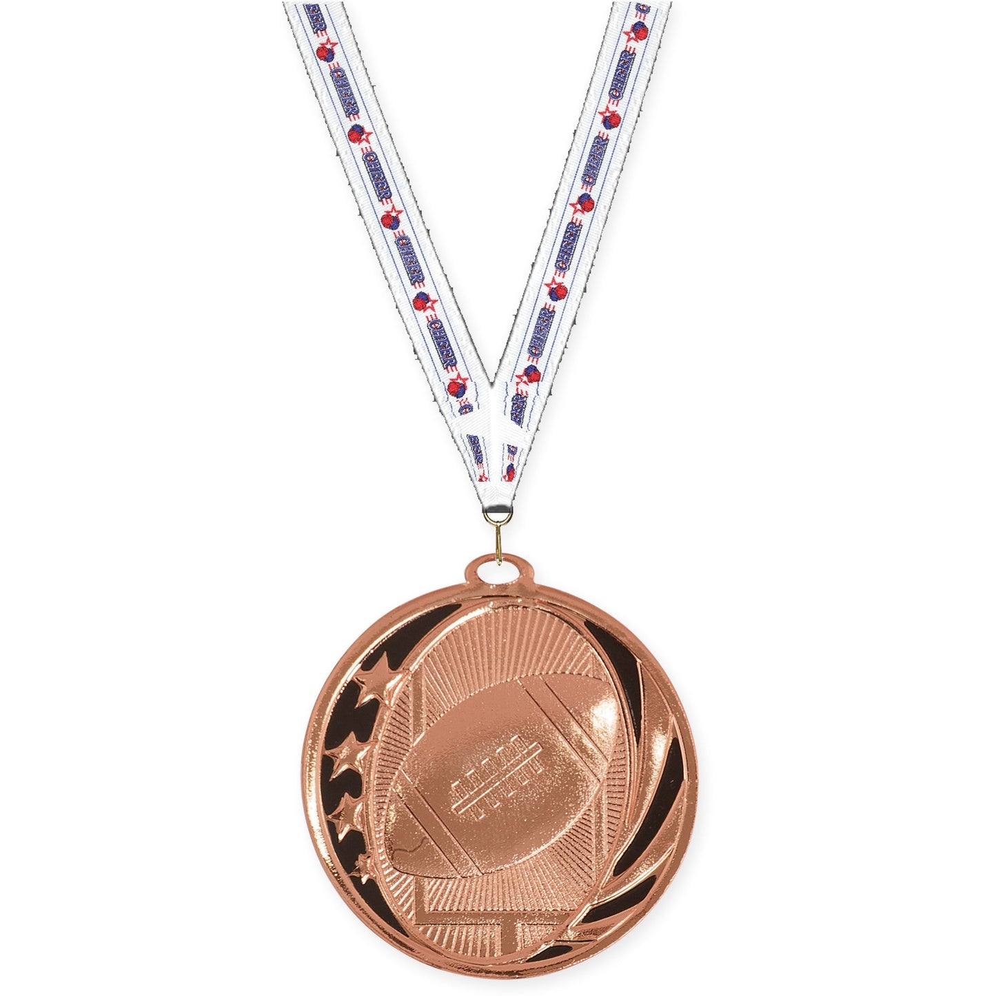 2 inch football MidNite Star medal in bright bronze with Cheerleading neck ribbon