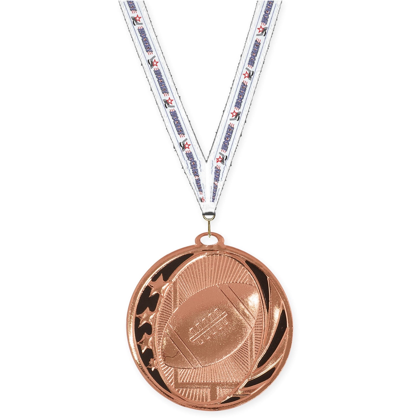 2 inch football MidNite Star medal in bright bronze with Hockey neck ribbon