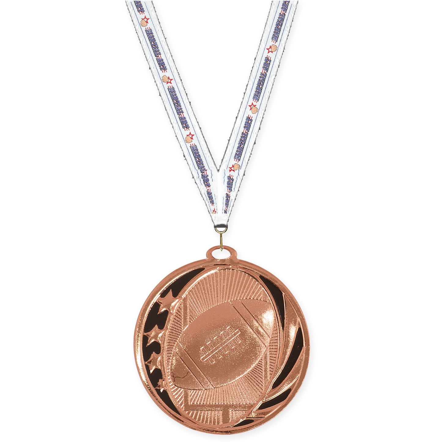 2 inch football MidNite Star medal in bright bronze with Martial Arts neck ribbon