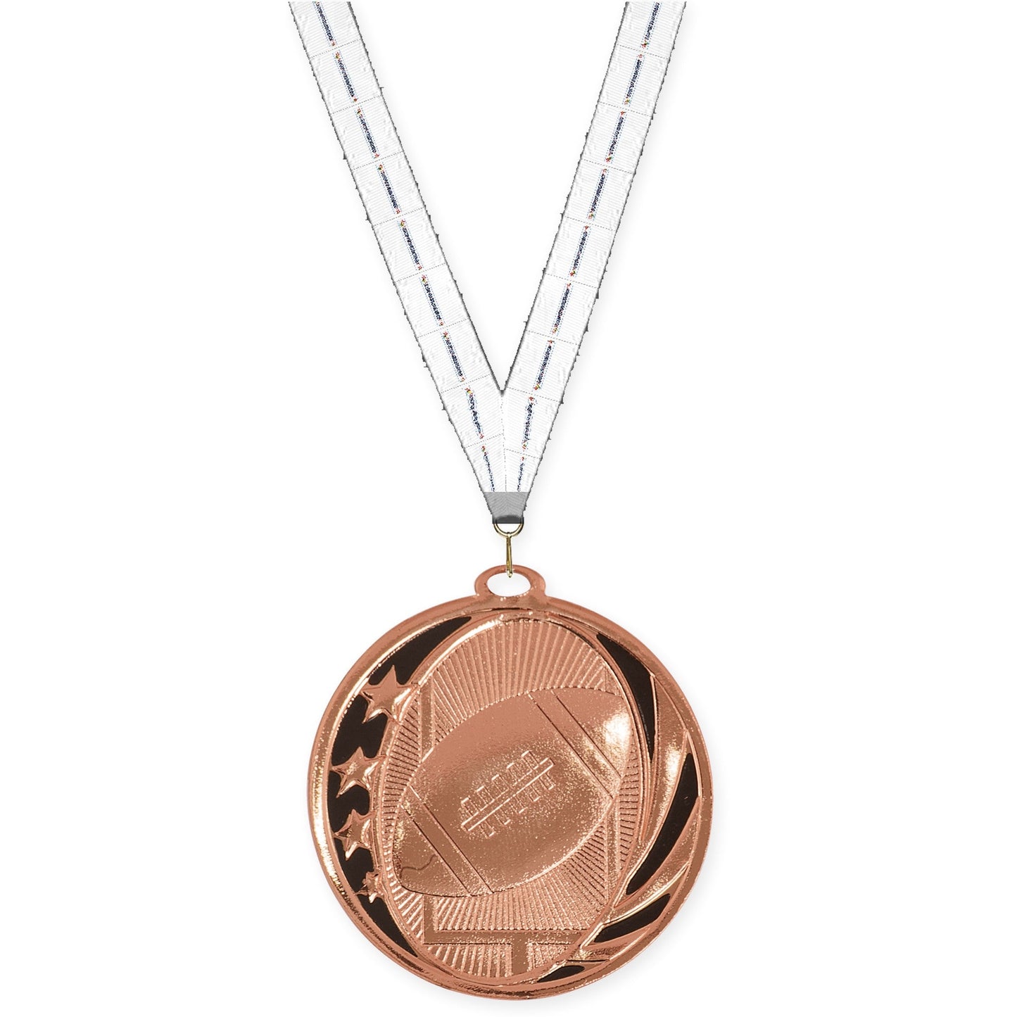 2 inch football MidNite Star medal in bright bronze with Lamp Of Knowledge neck ribbon