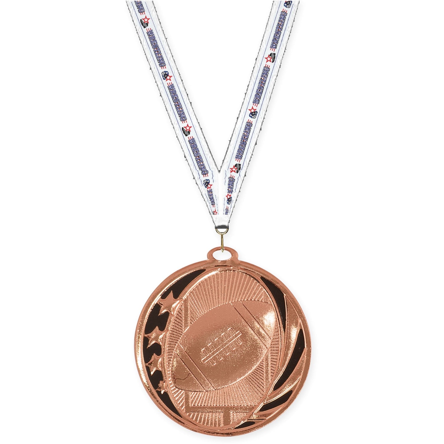 2 inch football MidNite Star medal in bright bronze with Wrestling neck ribbon