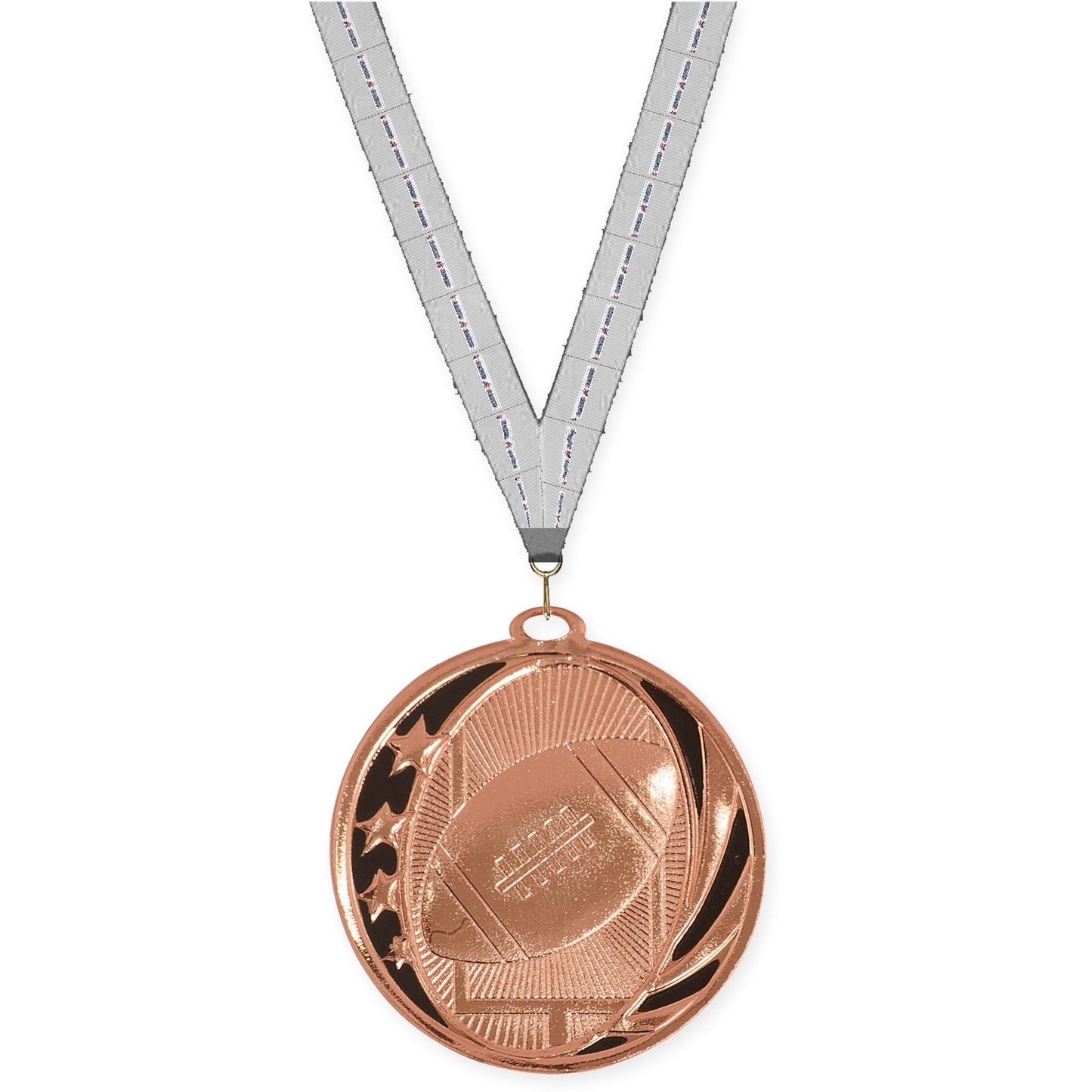 2 inch football MidNite Star medal in bright bronze with Auto Racing neck ribbon