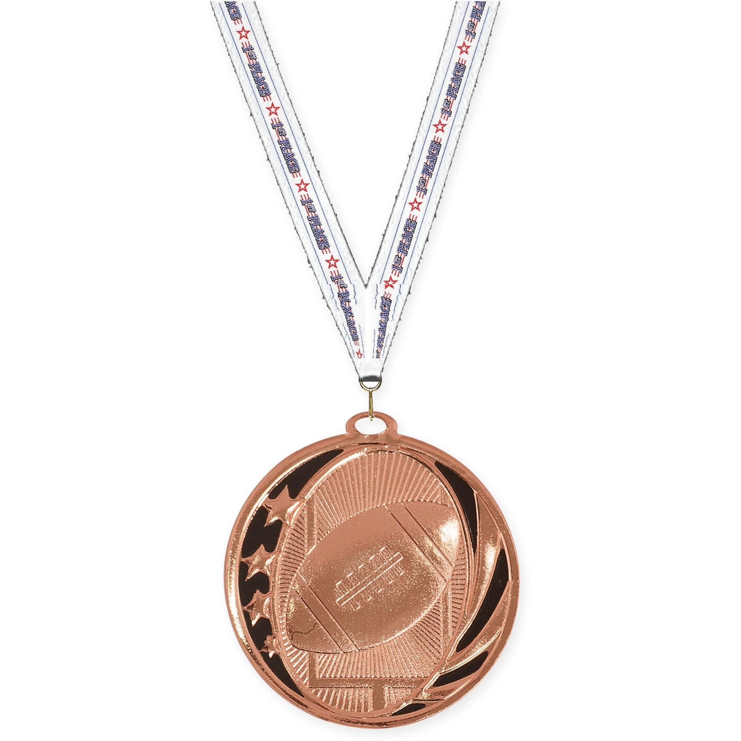 2 inch football MidNite Star medal in bright bronze with 1st Place neck ribbon