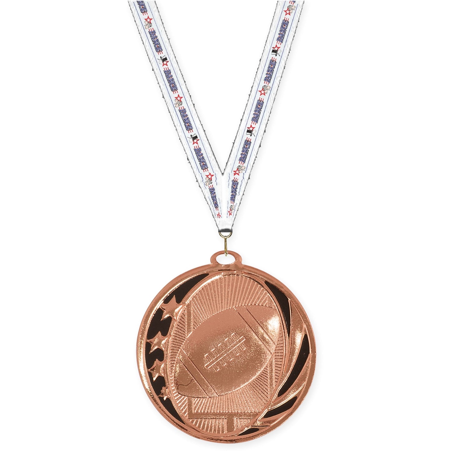 2 inch football MidNite Star medal in bright bronze with Dance neck ribbon