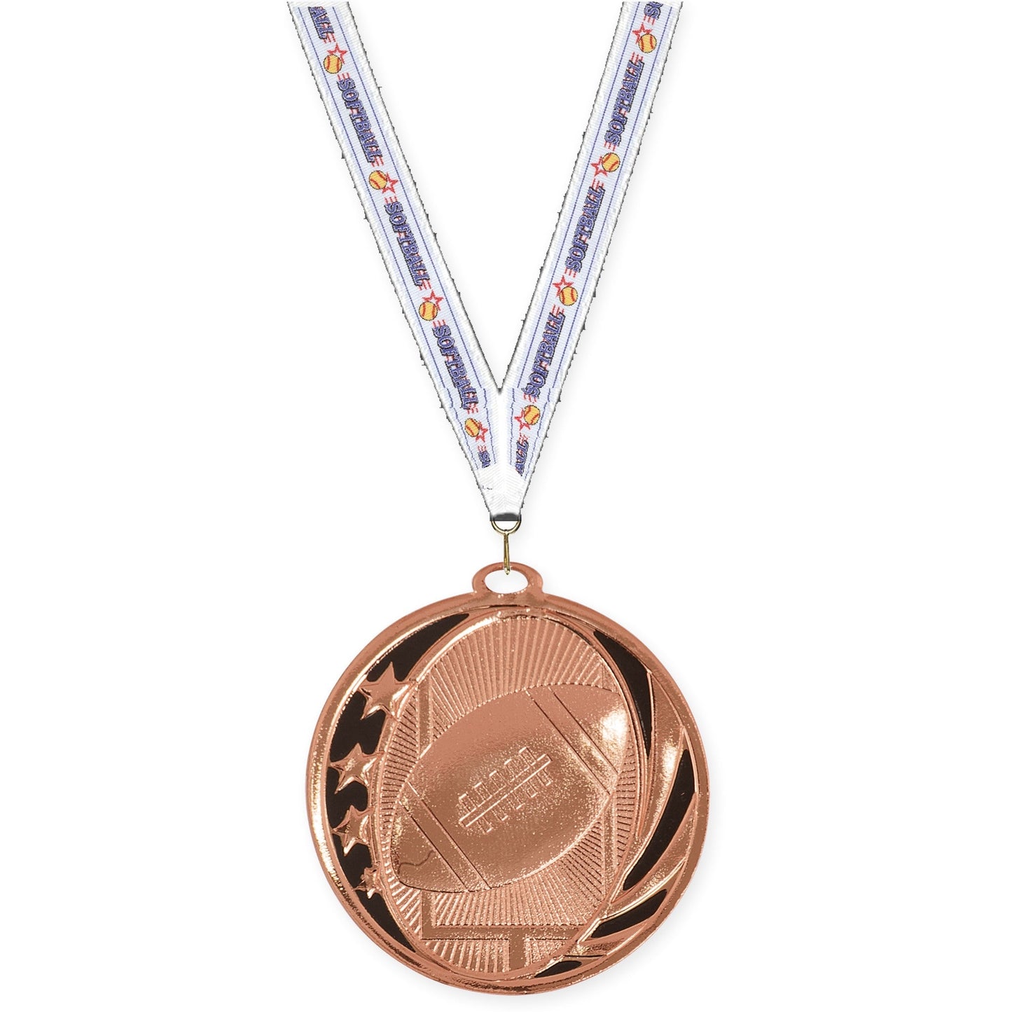 2 inch football MidNite Star medal in bright bronze with Softball neck ribbon