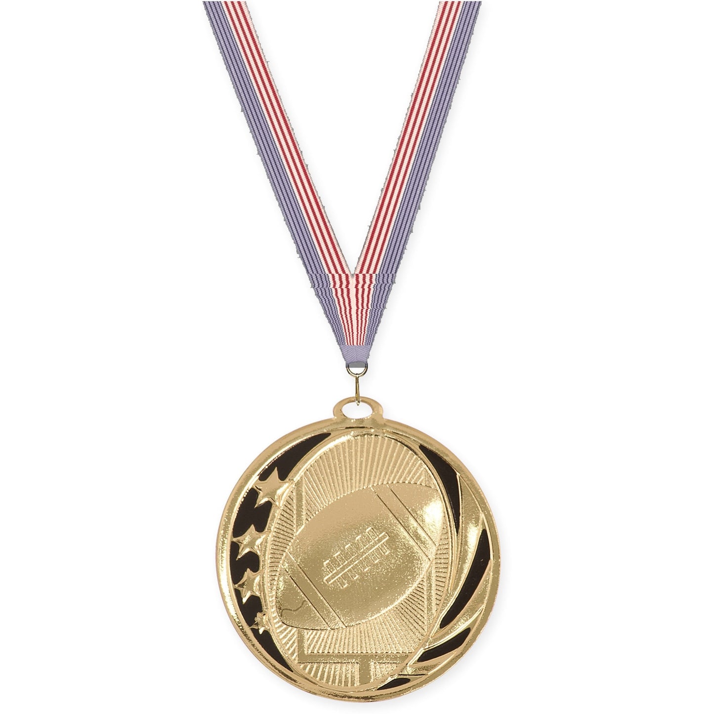 2 inch football MidNite Star medal in bright gold with USA Flag neck ribbon