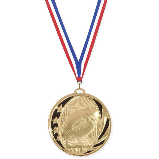 2 inch football MidNite Star medal in bright gold with Red White Blue neck ribbon