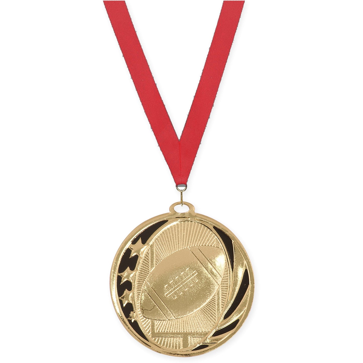 2 inch football MidNite Star medal in bright gold with Red neck ribbon