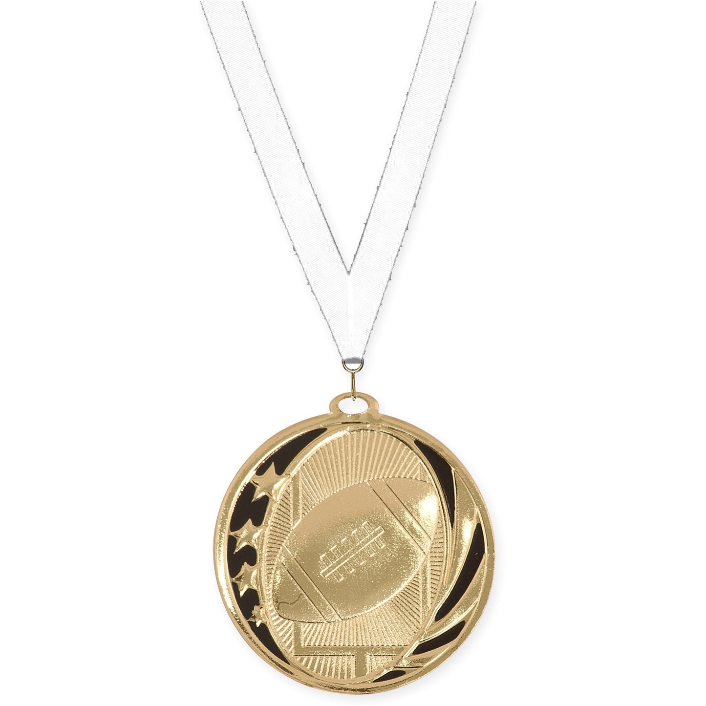 2 inch football MidNite Star medal in bright gold with White neck ribbon