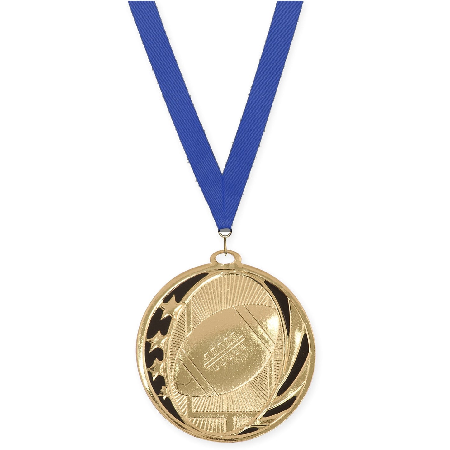 2 inch football MidNite Star medal in bright gold with Blue neck ribbon