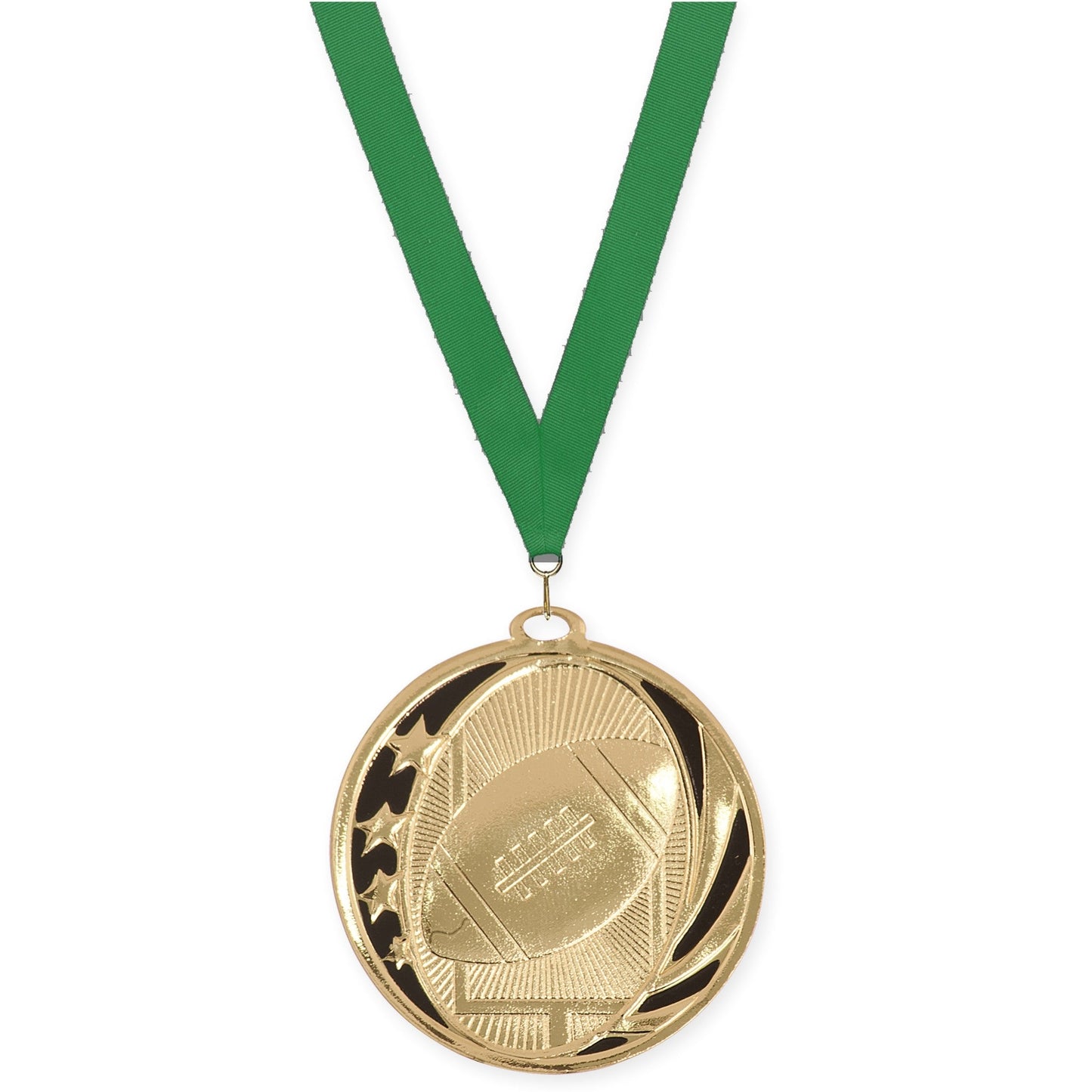 2 inch football MidNite Star medal in bright gold with Green neck ribbon