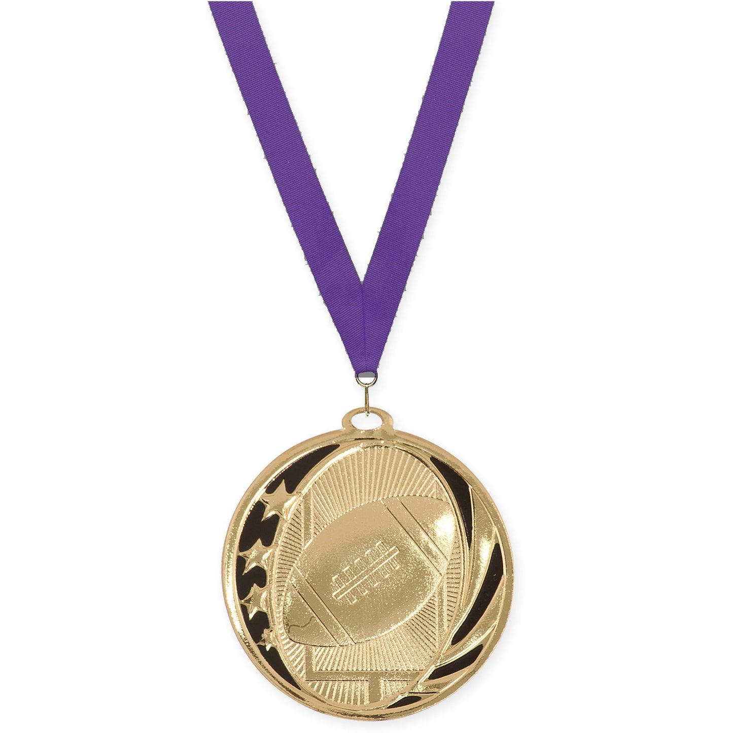 2 inch football MidNite Star medal in bright gold with Purple neck ribbon