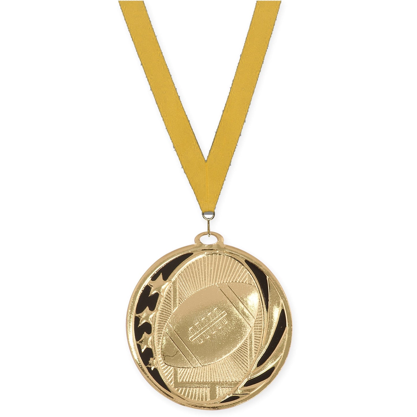 2 inch football MidNite Star medal in bright gold with Gold neck ribbon
