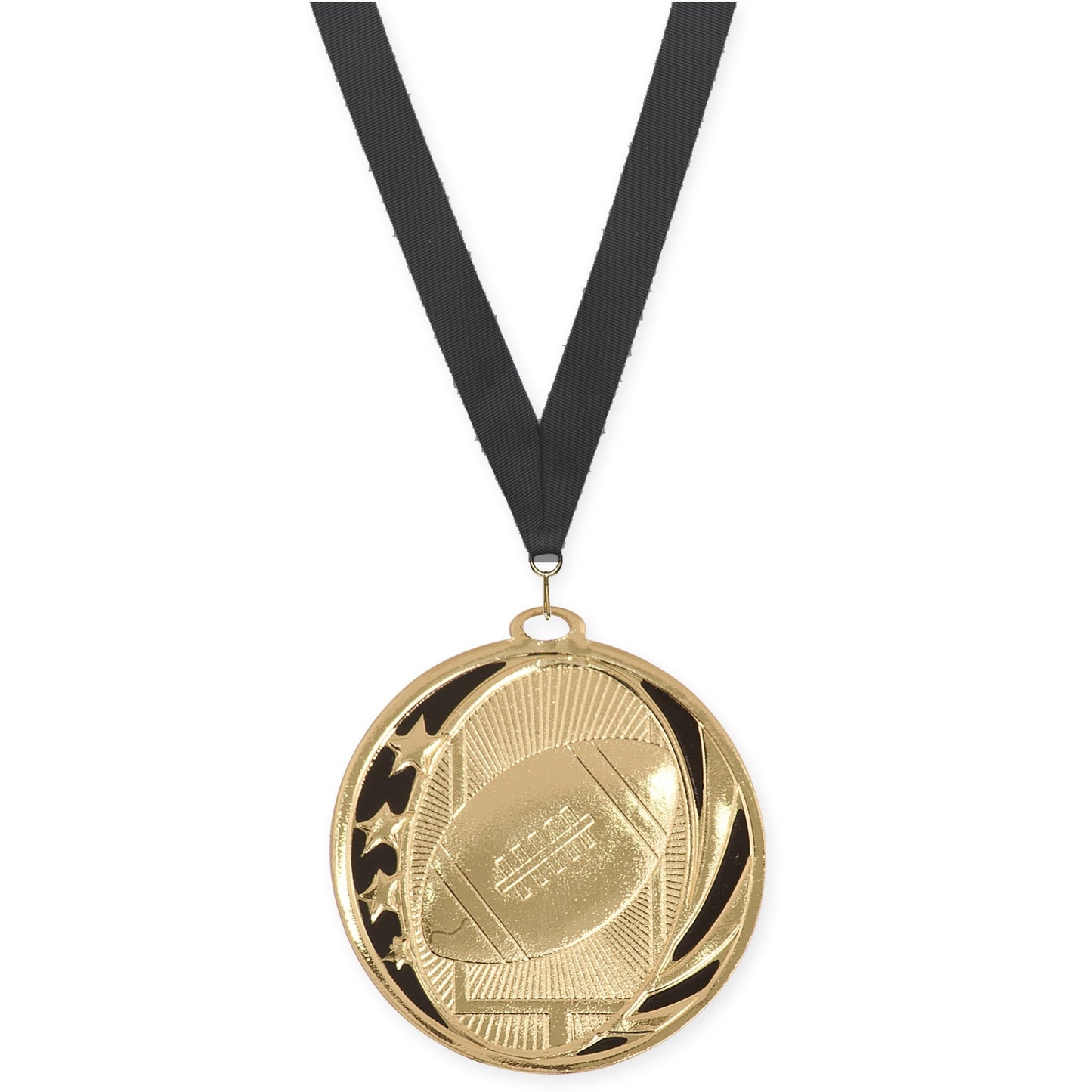 2 inch football MidNite Star medal in bright gold with Black neck ribbon