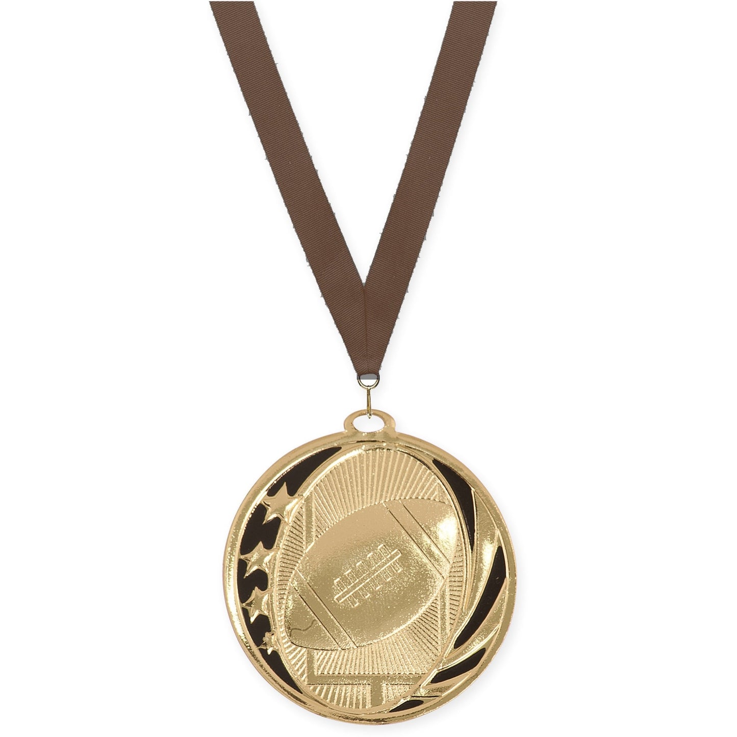 2 inch football MidNite Star medal in bright gold with Brown neck ribbon