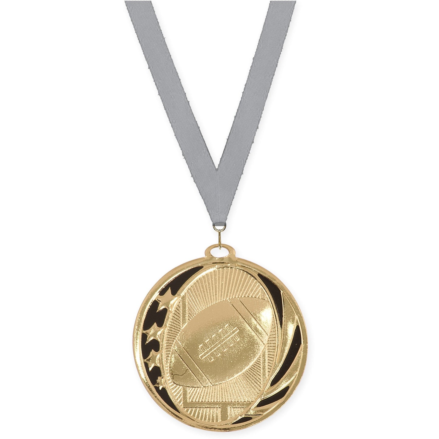 2 inch football MidNite Star medal in bright gold with Gray neck ribbon