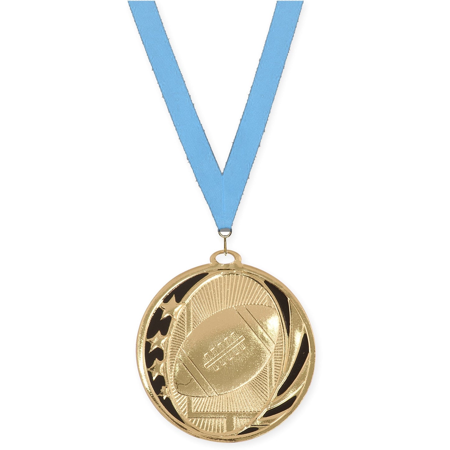 2 inch football MidNite Star medal in bright gold with Light Blue neck ribbon