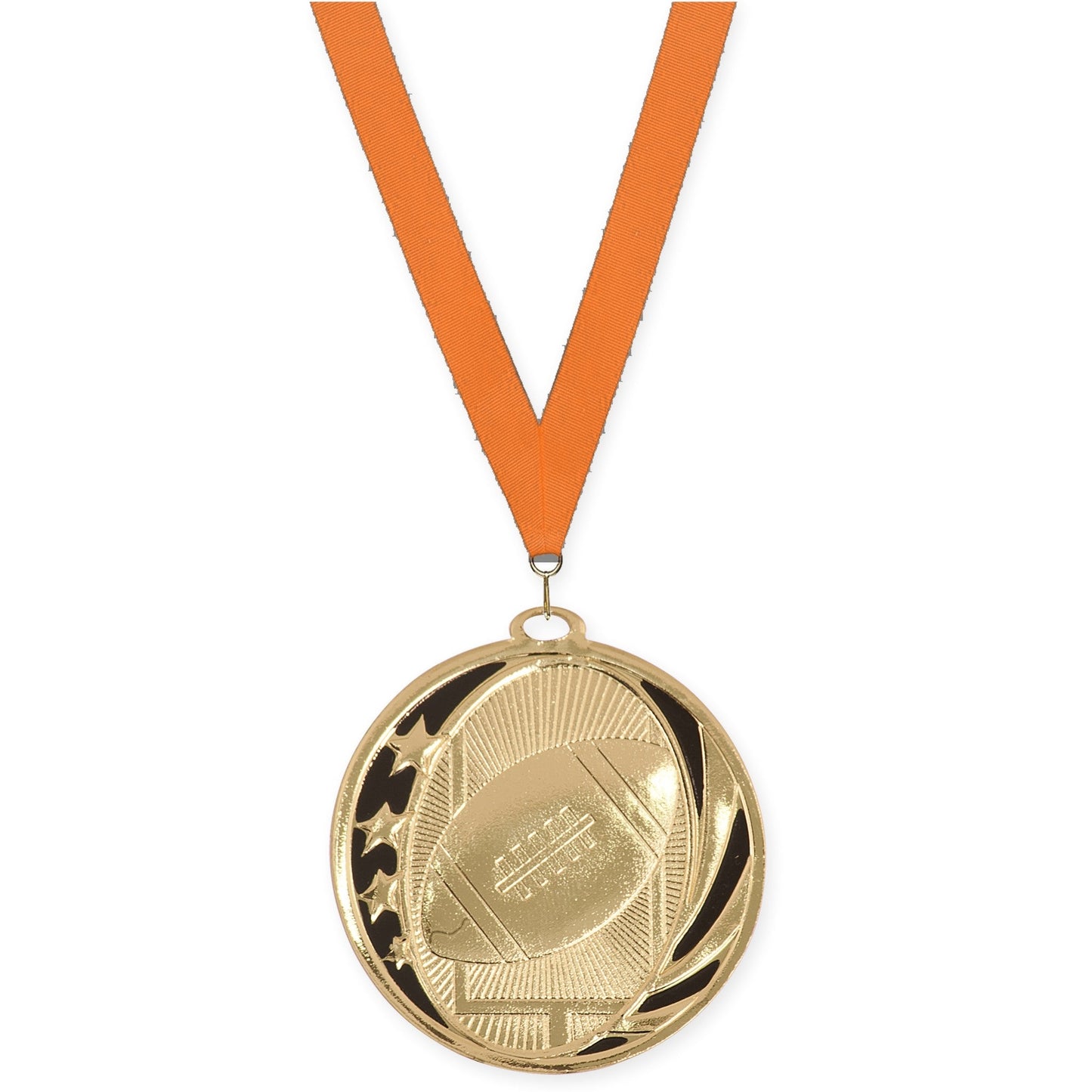 2 inch football MidNite Star medal in bright gold with Orange neck ribbon