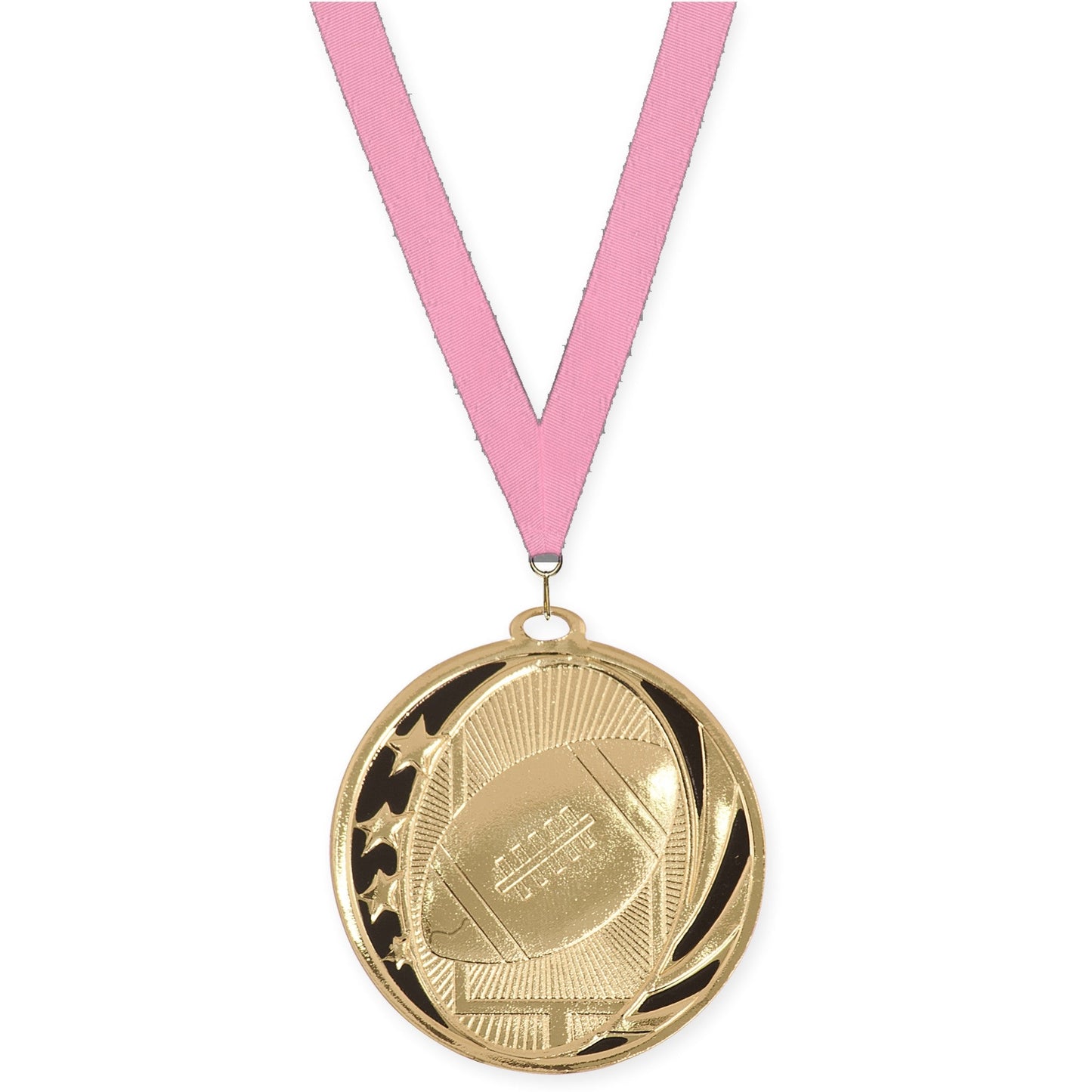 2 inch football MidNite Star medal in bright gold with Pink neck ribbon