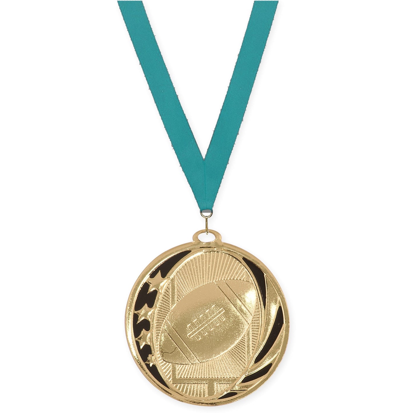 2 inch football MidNite Star medal in bright gold with Teal neck ribbon