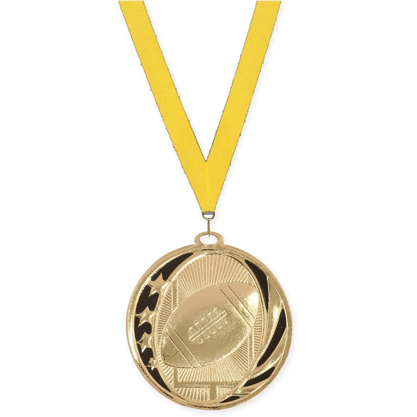 2 inch football MidNite Star medal in bright gold with Yellow neck ribbon