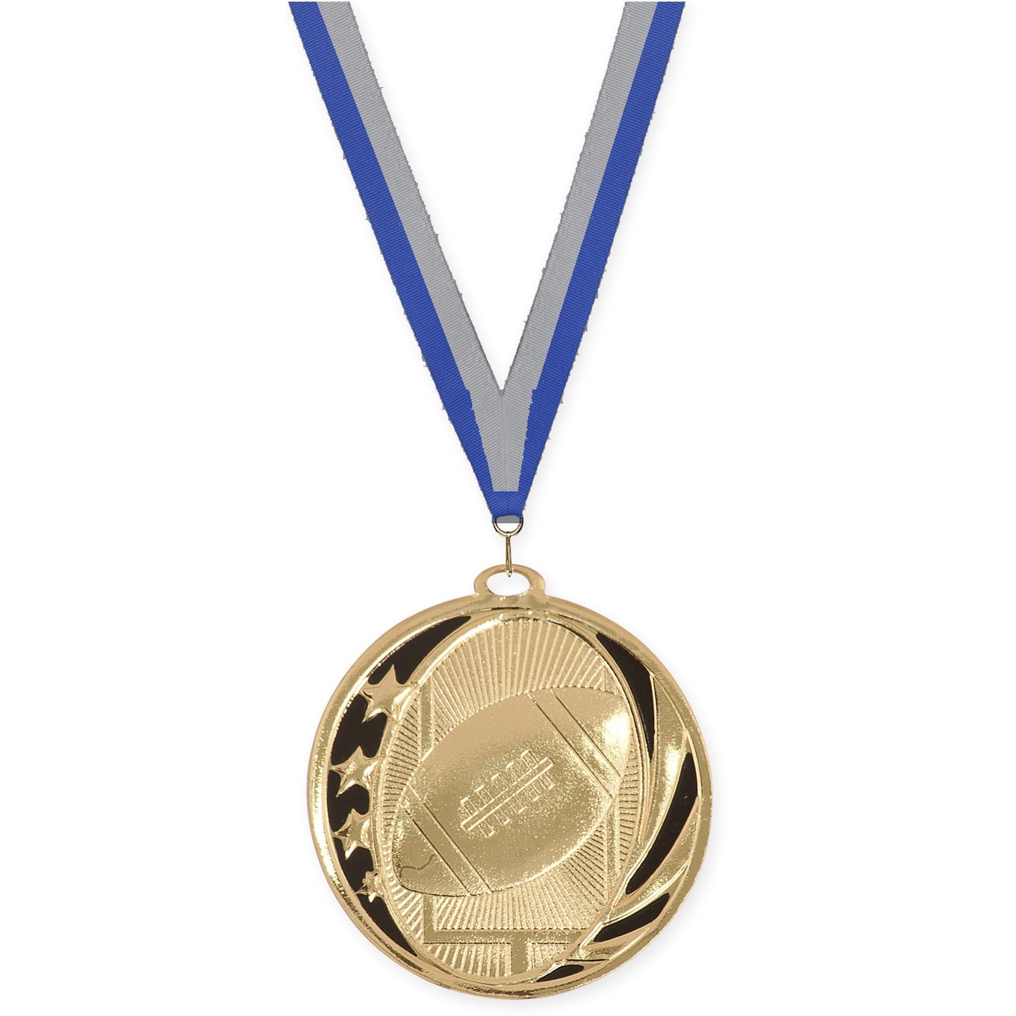 2 inch football MidNite Star medal in bright gold with Blue Gray neck ribbon