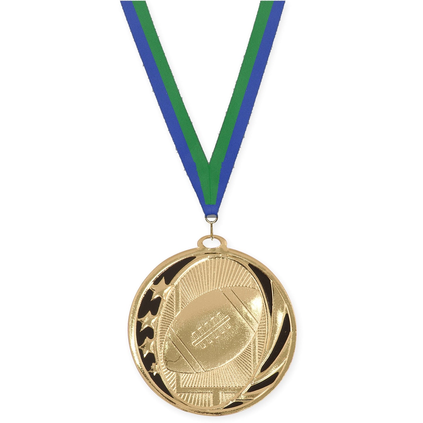 2 inch football MidNite Star medal in bright gold with Blue Green neck ribbon