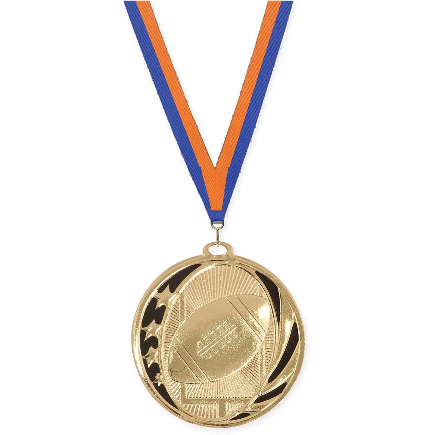 2 inch football MidNite Star medal in bright gold with Blue Orange neck ribbon