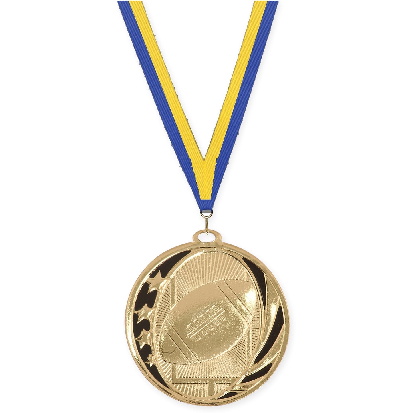 2 inch football MidNite Star medal in bright gold with Blue Yellow neck ribbon