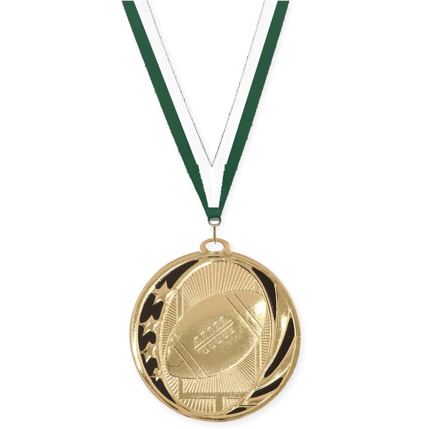 2 inch football MidNite Star medal in bright gold with Hunter Green White neck ribbon