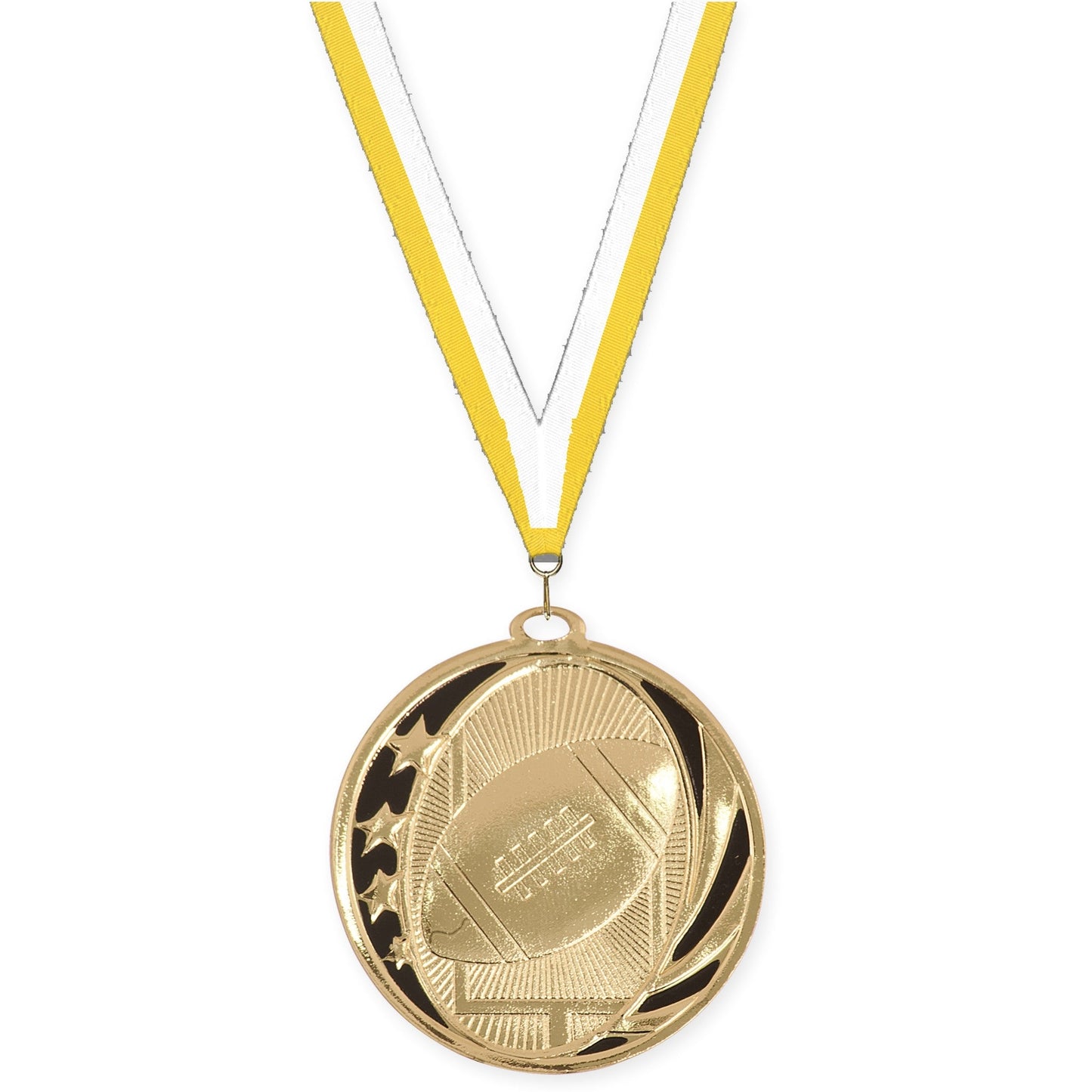 2 inch football MidNite Star medal in bright gold with Yellow White neck ribbon
