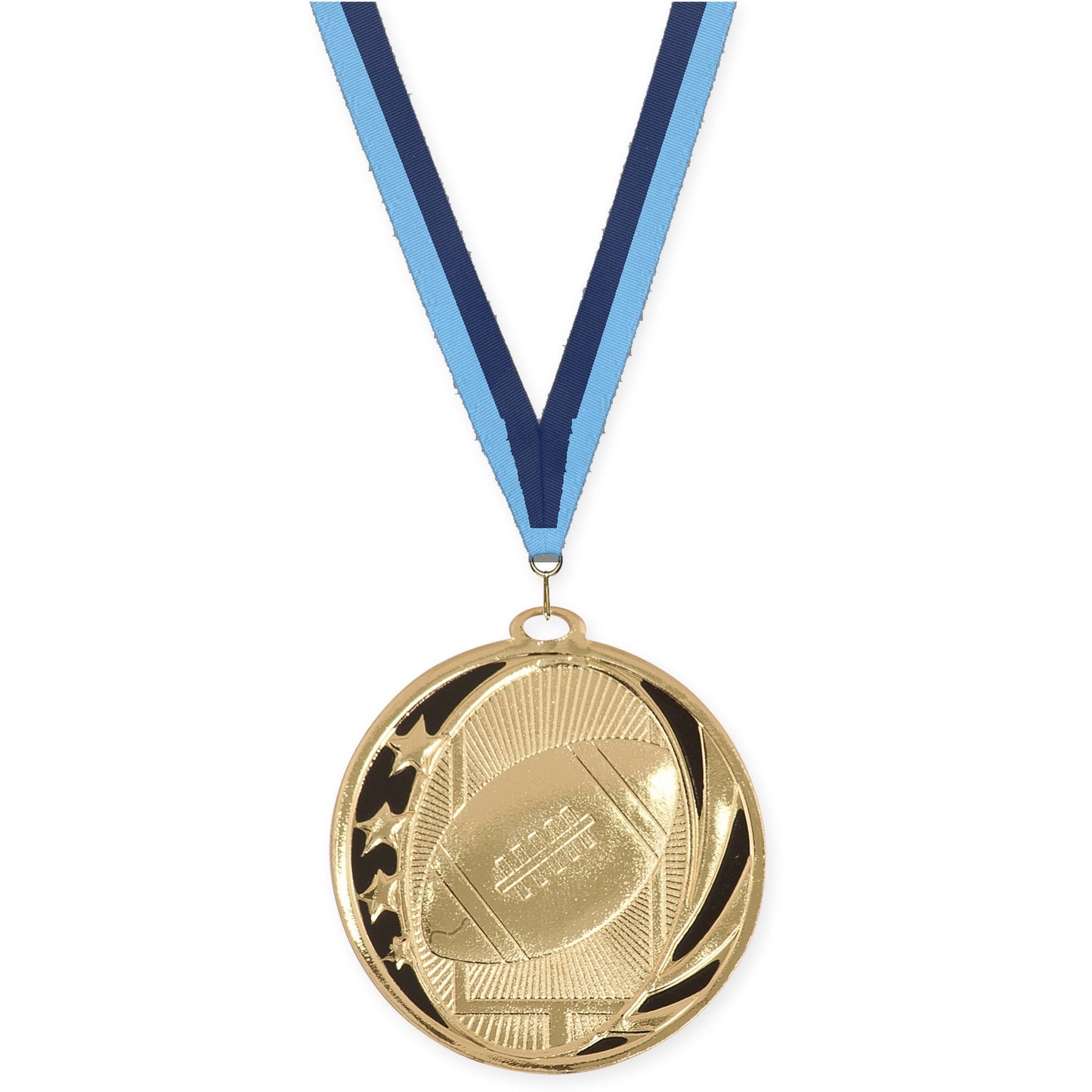 2 inch football MidNite Star medal in bright gold with Light Blue Navy neck ribbon
