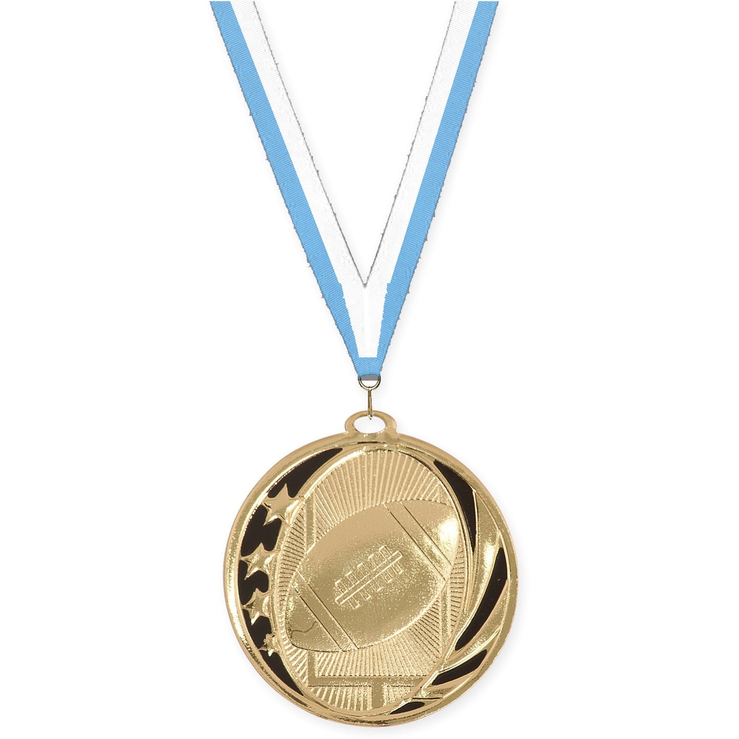 2 inch football MidNite Star medal in bright gold with Light Blue White neck ribbon