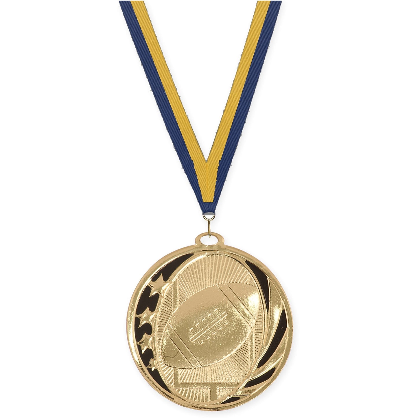 2 inch football MidNite Star medal in bright gold with Navy Gold neck ribbon