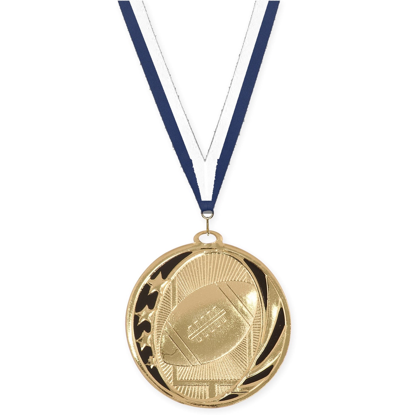 2 inch football MidNite Star medal in bright gold with Navy White neck ribbon
