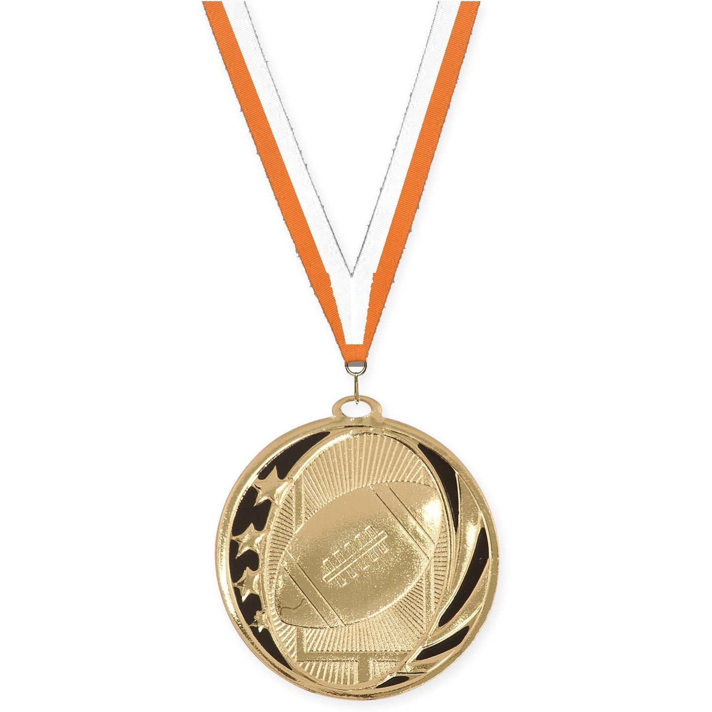 2 inch football MidNite Star medal in bright gold with Orange White neck ribbon