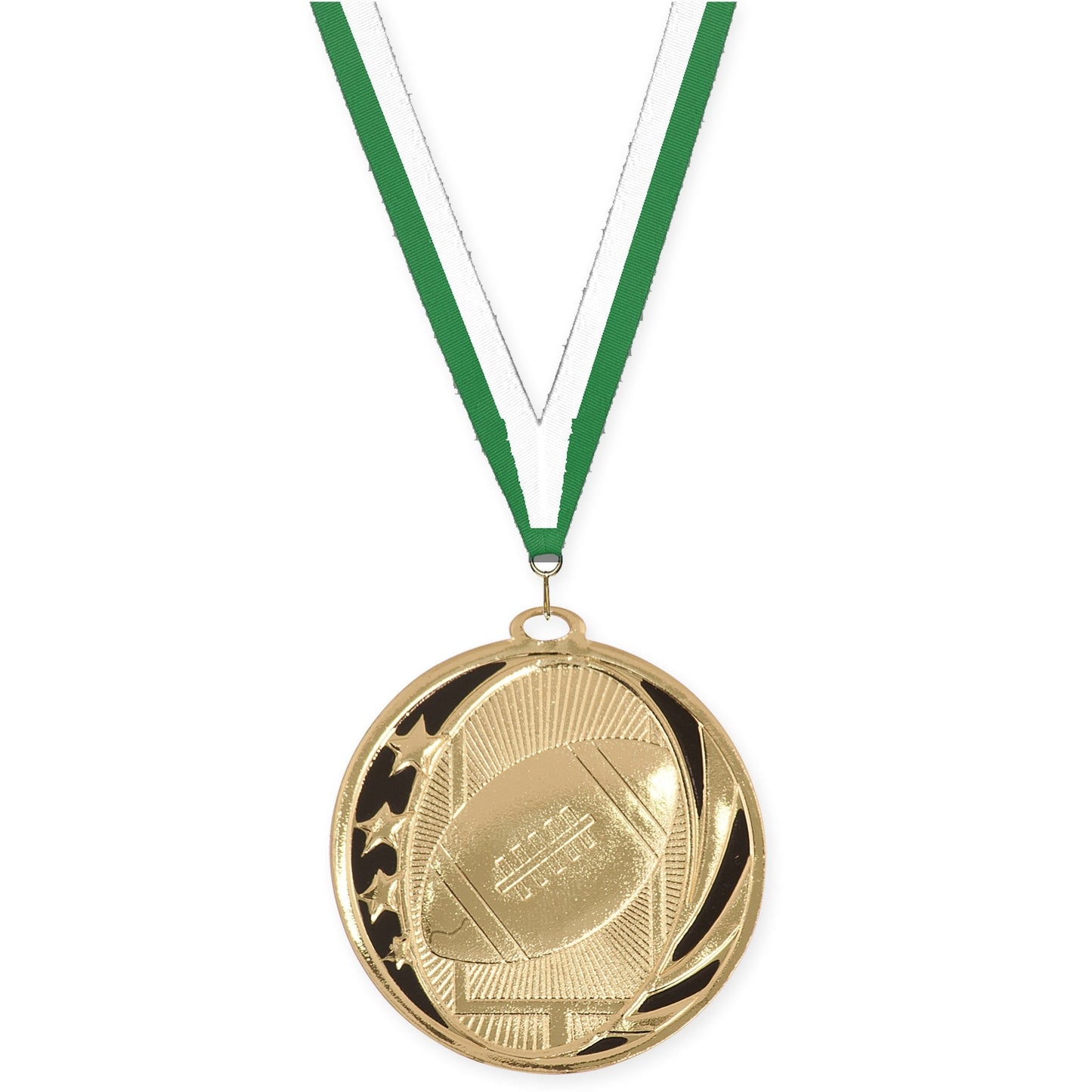2 inch football MidNite Star medal in bright gold with Green White neck ribbon