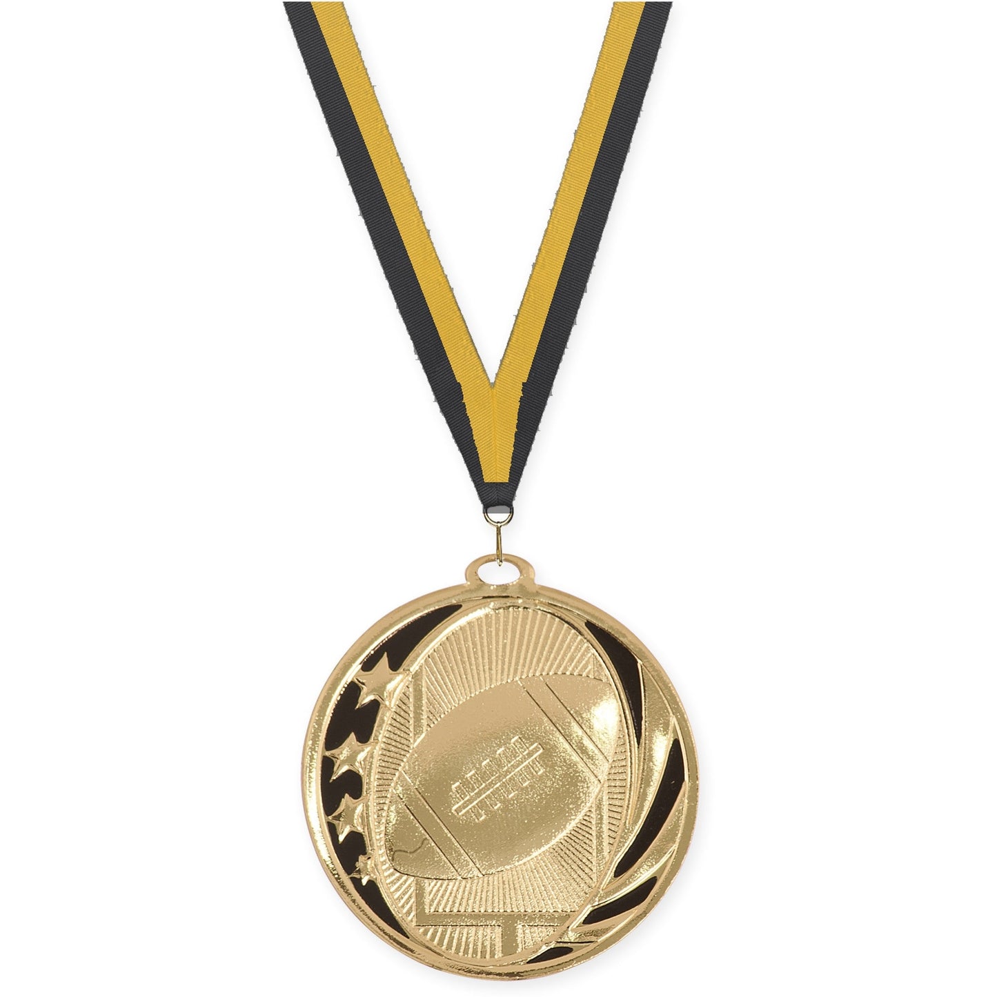 2 inch football MidNite Star medal in bright gold with Black Gold neck ribbon