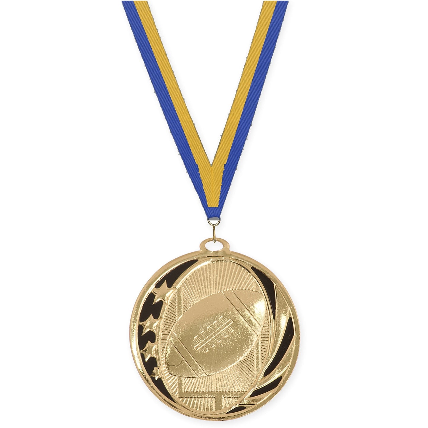 2 inch football MidNite Star medal in bright gold with Blue Gold neck ribbon