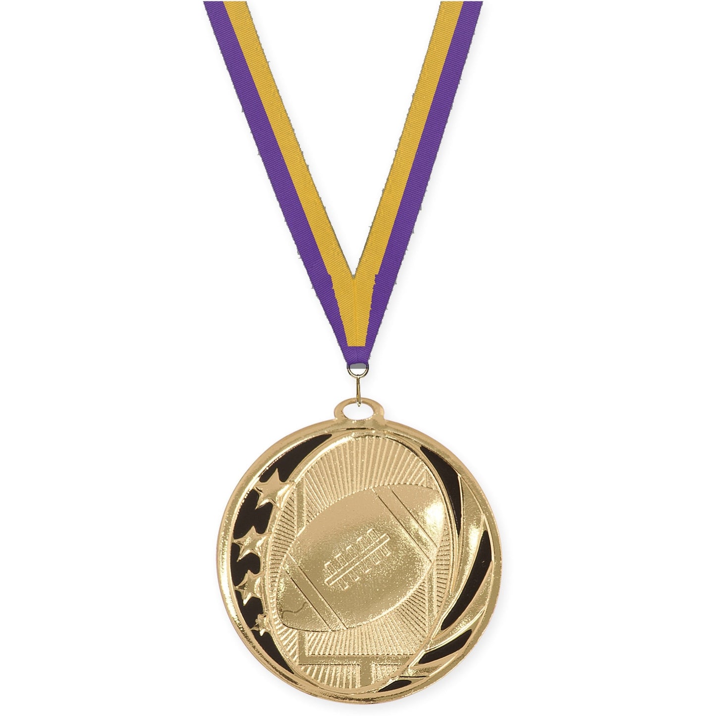 2 inch football MidNite Star medal in bright gold with Purple Gold neck ribbon