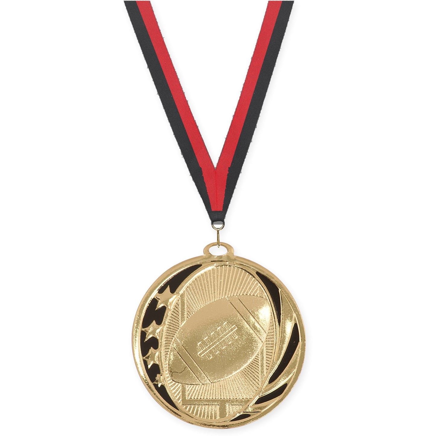 2 inch football MidNite Star medal in bright gold with Black Red neck ribbon