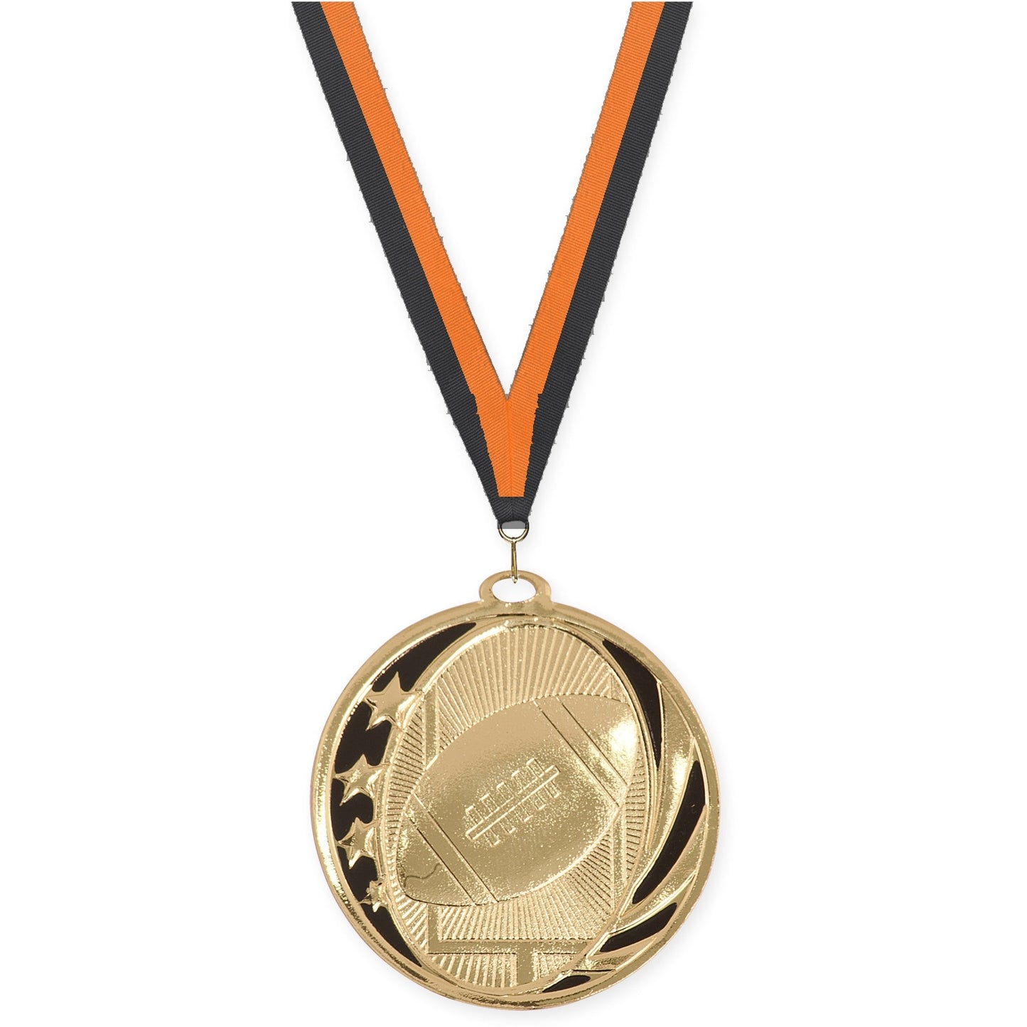 2 inch football MidNite Star medal in bright gold with Black Orange neck ribbon