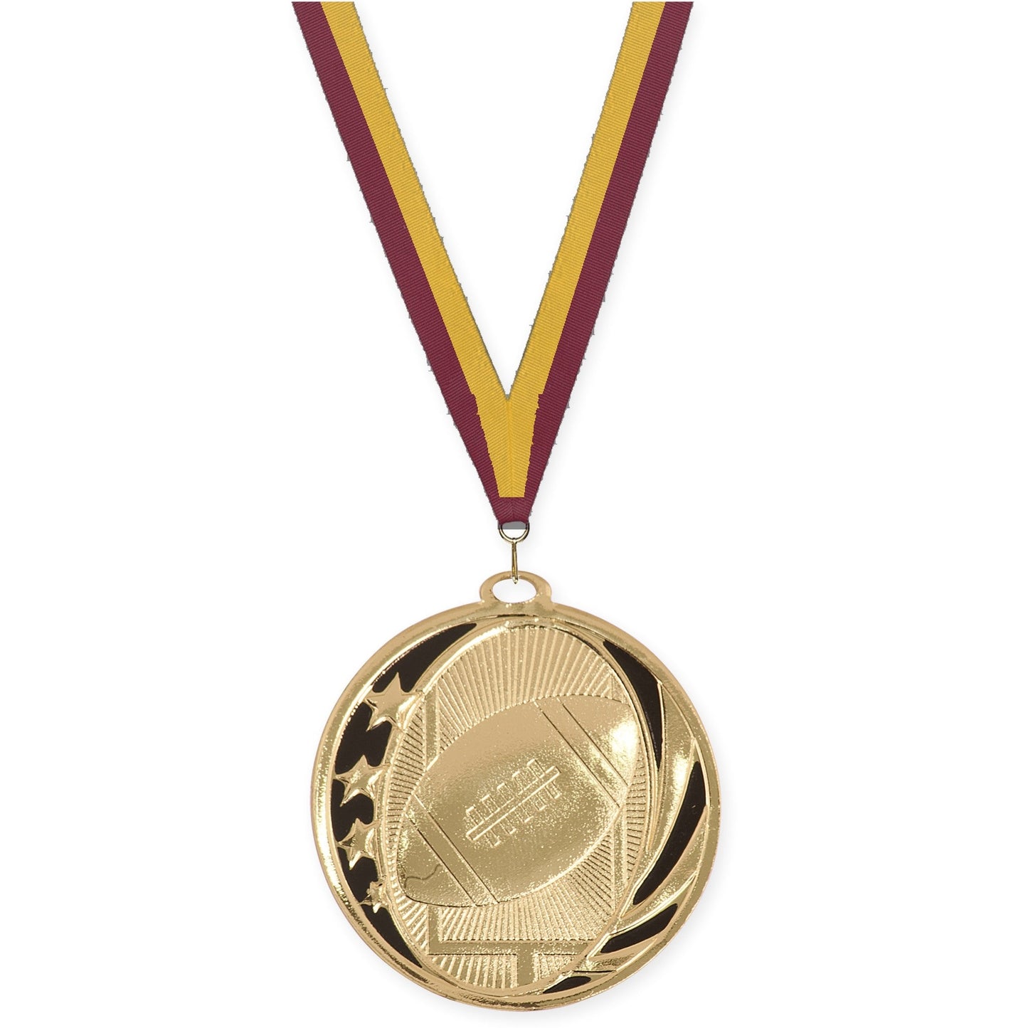 2 inch football MidNite Star medal in bright gold with Maroon Gold neck ribbon