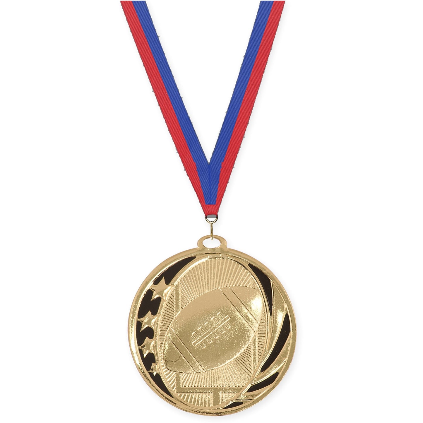 2 inch football MidNite Star medal in bright gold with Blue Red neck ribbon