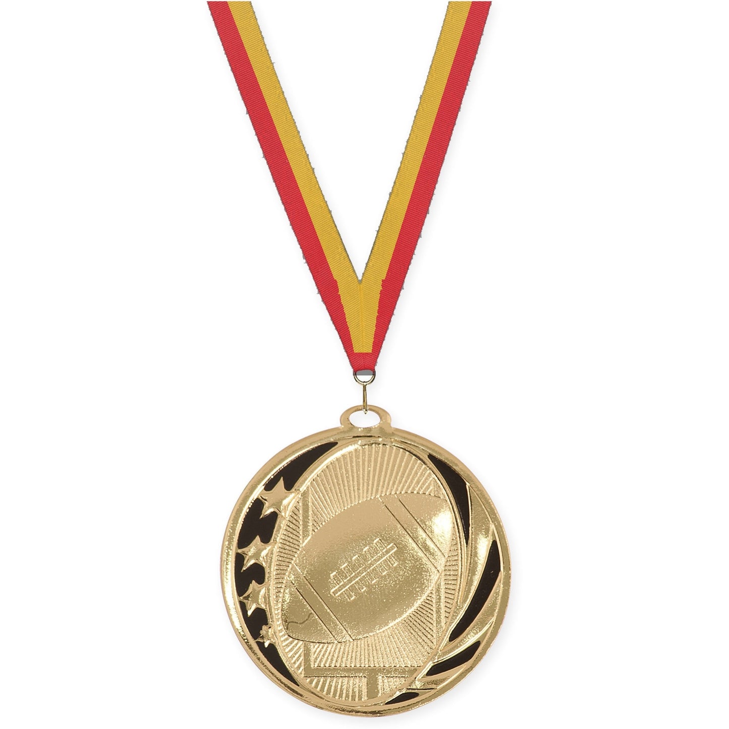 2 inch football MidNite Star medal in bright gold with Red Gold neck ribbon