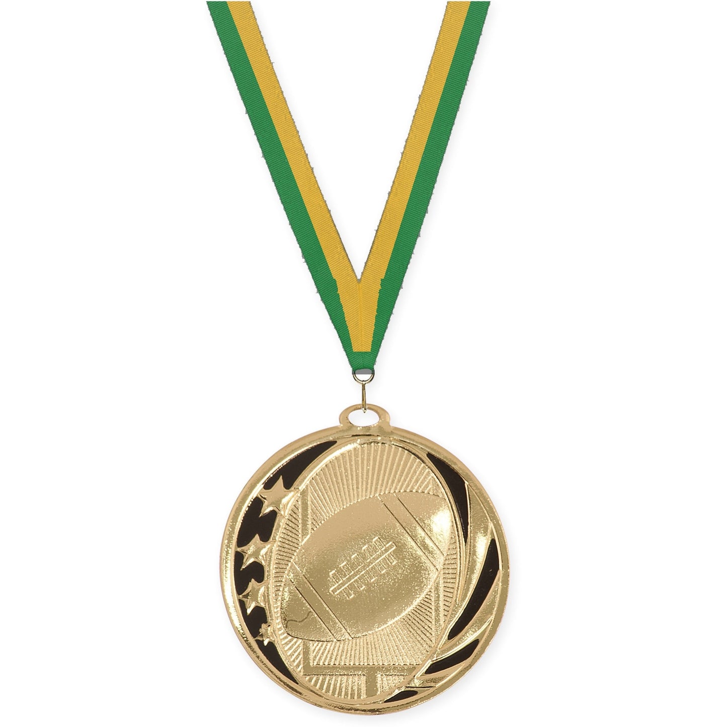 2 inch football MidNite Star medal in bright gold with Green Gold neck ribbon