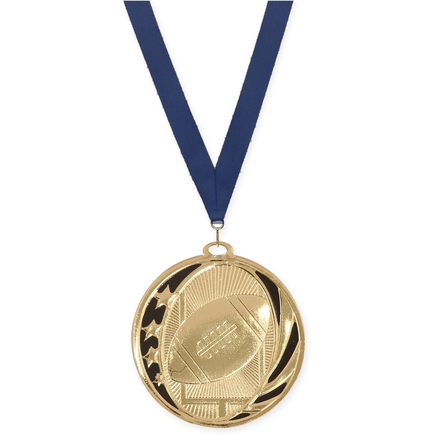 2 inch football MidNite Star medal in bright gold with Navy neck ribbon