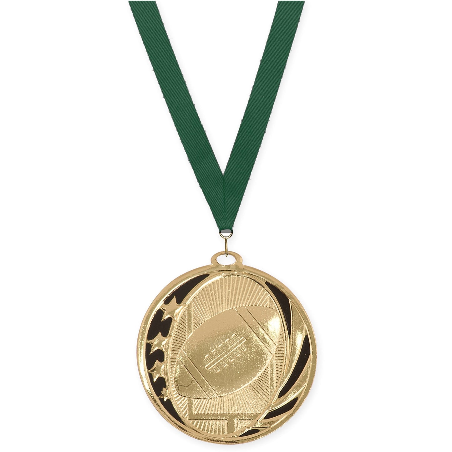 2 inch football MidNite Star medal in bright gold with Hunter Green neck ribbon