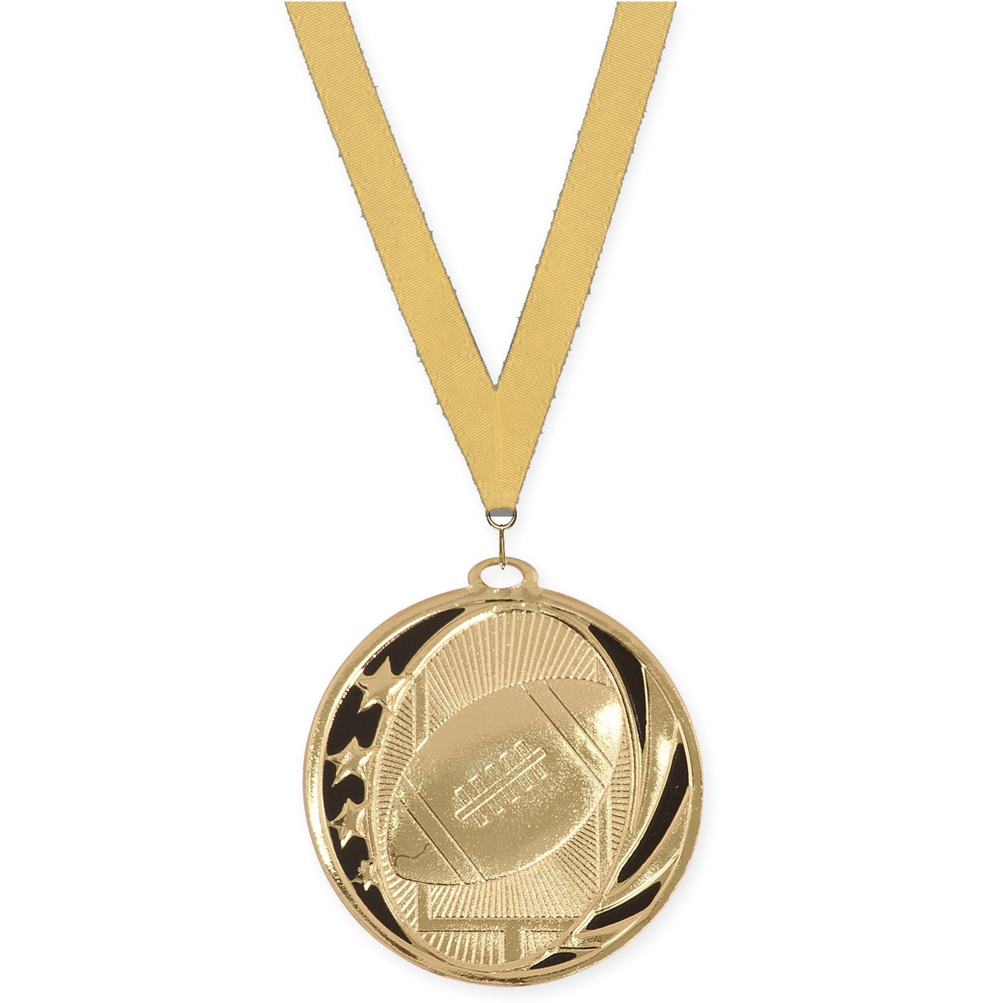 2 inch football MidNite Star medal in bright gold with Gold Metallic neck ribbon